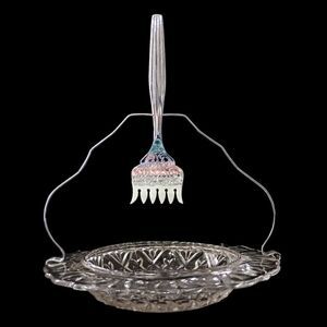 Sheffield‎ Glass Server Plate Set Chrome Fork Holder Vintage Seafood Appetizers.